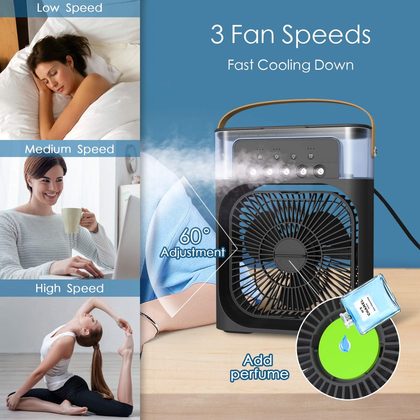 Air Cooler with 7-Color LED, USB Desk Fan, 3-in-1 Evaporative Cooler for Home