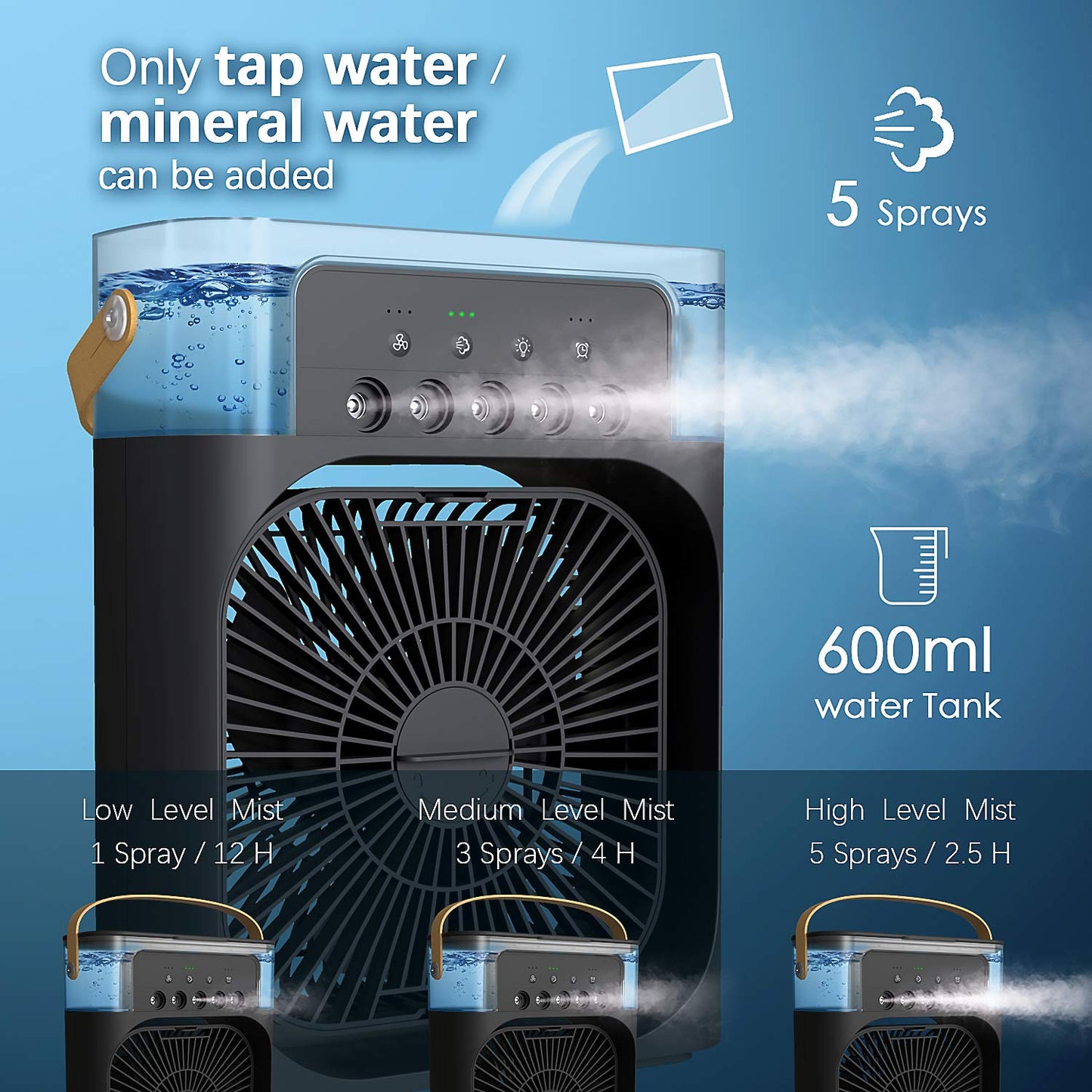 Air Cooler with 7-Color LED, USB Desk Fan, 3-in-1 Evaporative Cooler for Home