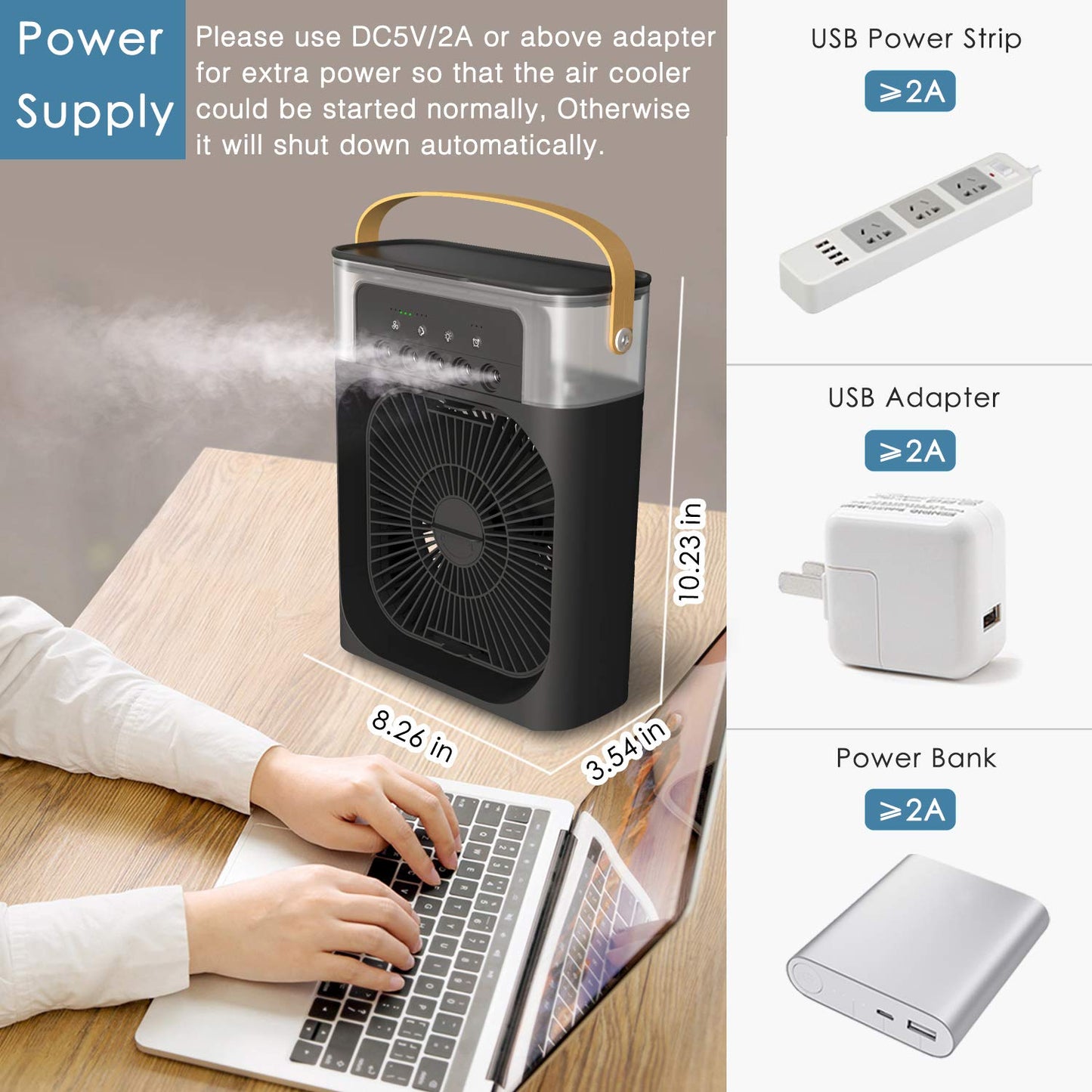 Air Cooler with 7-Color LED, USB Desk Fan, 3-in-1 Evaporative Cooler for Home